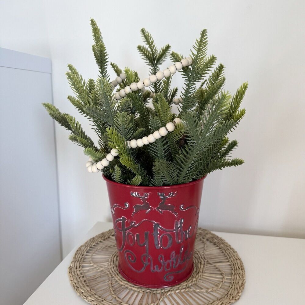 Handmade Artificial Christmas Pine Tree Arrangement in Red Metal Bucket